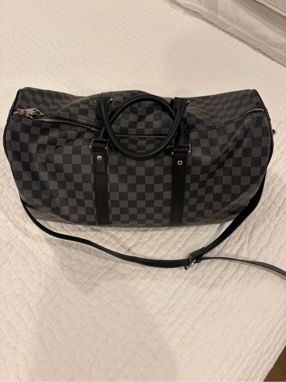 Designer-Style Black Checkered Duffel Bag with Removable Strap - Picture 2 of 8
